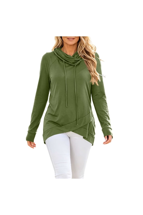 Women's Fall Lightweight Cowl Neck Sweatshirt Long Sleeve Cross Hem Casual Loose Pullover Top for Daily Wear Trendy Streetwear Light Blue