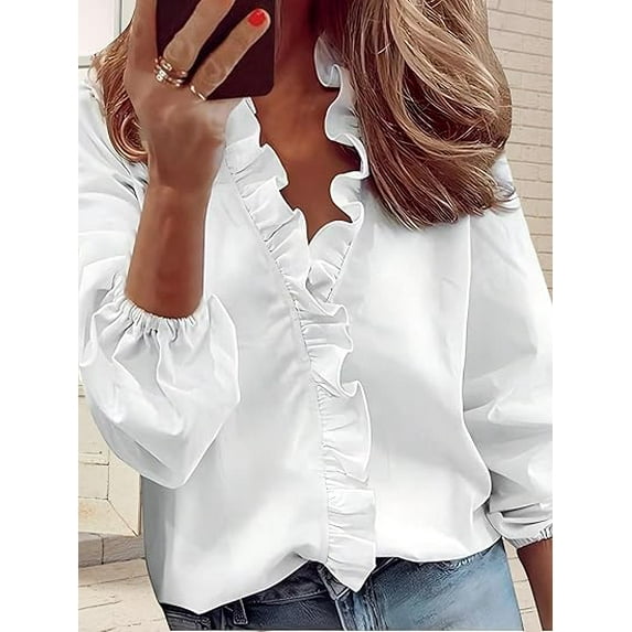 Women's Fall Long Sleeve Collar V Neck Button Down Ruffle Blouse Victorian Shirt Tops