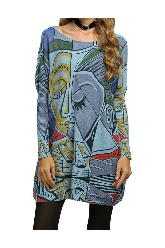 Women's Fall Long-Sleeve Loose Casual Boho Graphic Plus Size Hippie Artsy Sweater Sweatershirts DH09 Blue