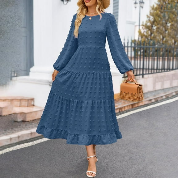 Women's Fall Long Sleeve Maxi Dresses 2024 Casual Crew Neck Dot Tiered Flowy A Line Wedding Guest Maxi Dress plus Size Formal Long Sleeve Dress for Women Silk Dress plus Size Satin Dress Womens Wrap