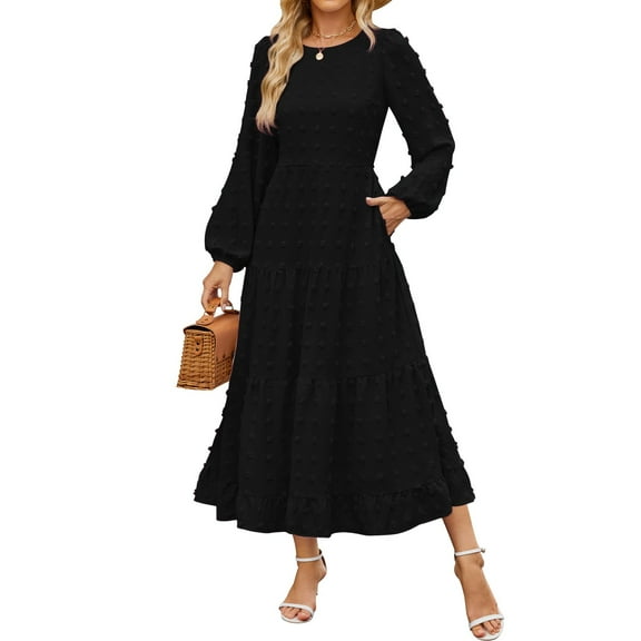 Women's Fall Long Sleeve Maxi Dresses 2024 Casual Crew Neck Dot Tiered Flowy A Line Wedding Guest plus Dresses Formal plus Size Work Dress plus Size Jean Dress for Women Dresses Party Wear Romper