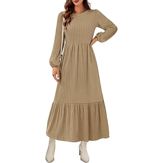Women's Fall Long Sleeve Maxi Dresses 2024 Casual Knit Crew Neck Tiered Flowy Pockets Dress
