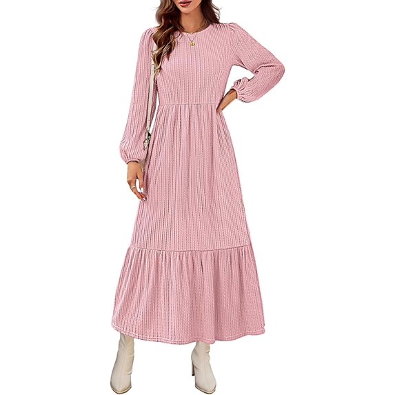 Women's Fall Long Sleeve Maxi Dresses 2024 Casual Knit Crew Neck Tiered Flowy Pockets Dress