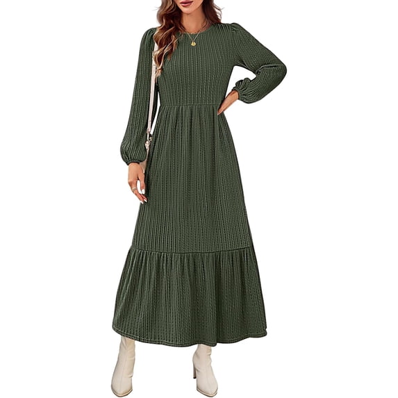 Women's Fall Long Sleeve Maxi Dresses 2024 Casual Knit Crew Neck Tiered Flowy Pockets Dress