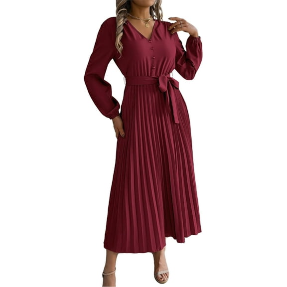 Women's Fall Long Sleeve Midi Dress V Neck Casual Loose Fit Spring Pleated A Line Flowy Vacation Dresses
