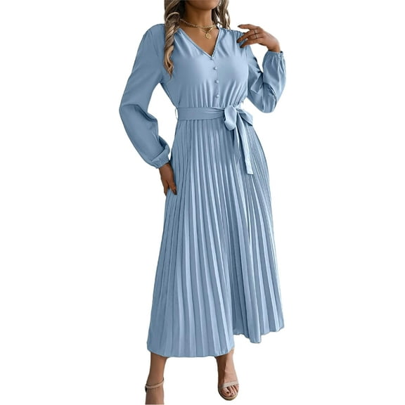 Women's Fall Long Sleeve Midi Dress V Neck Casual Loose Fit Spring Pleated A Line Flowy Vacation Dresses