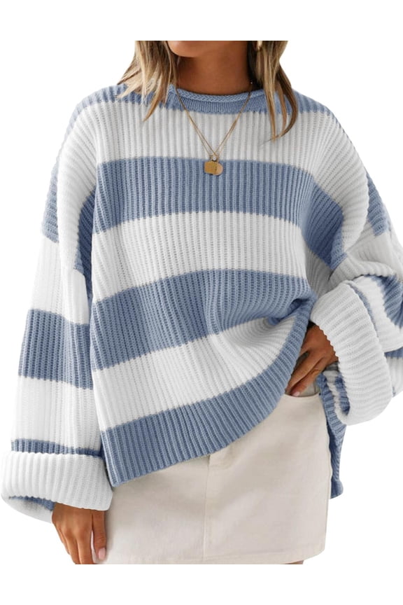 Women's Fall Long Sleeve Oversized Striped Color Block Comfy Loose Crew Neck Knitted Pullover Sweater