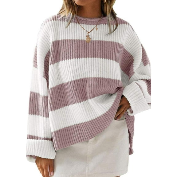 Women's  Fall Long Sleeve Oversized Striped Color Block Comfy Loose Crew Neck Knitted Pullover Sweater