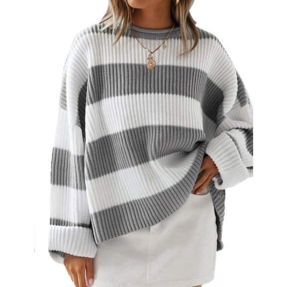 Women's  Fall Long Sleeve Oversized Striped Color Block Comfy Loose Crew Neck Knitted Pullover Sweater