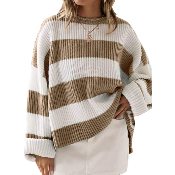 Women's  Fall Long Sleeve Oversized Striped Color Block Comfy Loose Crew Neck Knitted Pullover Sweater