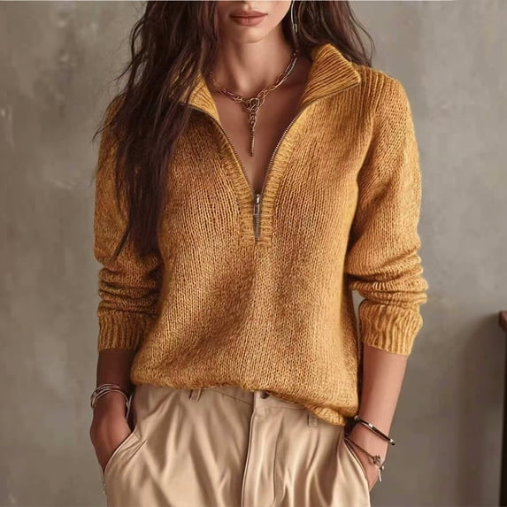 Women's Fall Long Sleeve Quarter Zip Knit Sweater Pullover Tops, Ribbed Collared Mock Neck Loose Dressy Tops, Business Casual Winter Layering Outfits L