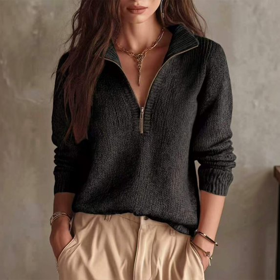 Women's Fall Long Sleeve Quarter Zip Knit Sweater Pullover Tops, Ribbed Collared Mock Neck Loose Dressy Tops, Business Casual Winter Layering Outfits M