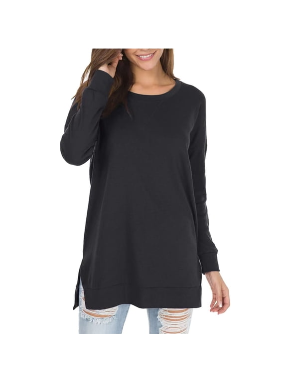 Women's Fall Long Sleeve Side Split Loose Blouses Casual Pullover Tunic Tops