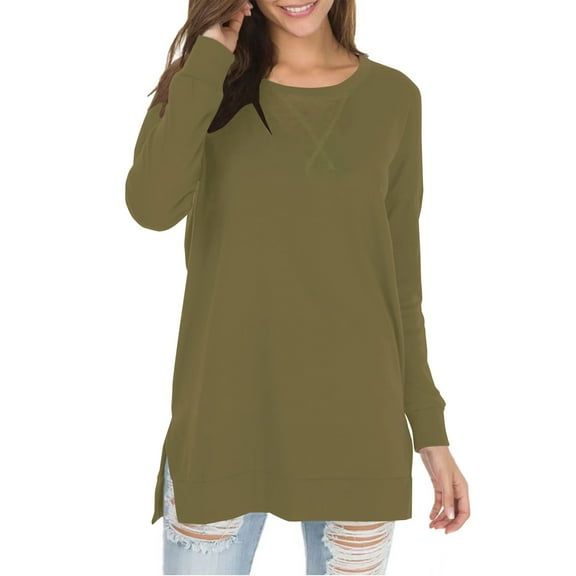 Women's Fall Long Sleeve Side Split Loose Blouses Casual Pullover Tunic Tops