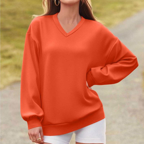 Women's Fall Long Sleeve Sweatshirt V Neck Pullover Tops Loose Casual Fleece Hoodless Shirts Orange S