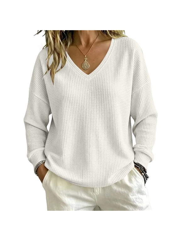 Women's Fall Long Sleeve T Shirts Soft Waffle Knit V Neck Loose Tunic Tops Solid Color Basic Blouses Oversized Casual Layering Tees White
