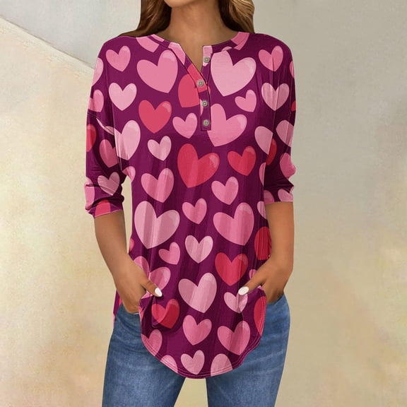 Women's Fall Long Sleeve Tunic Tops V Neck Henley Shirts Button Up Casual Sweatshirt,Valentines Shirts for Women Three Quarter Sleeve Fall Spring Tee Valentines Day Gift 3/4 Length Sleeve Womens Tops