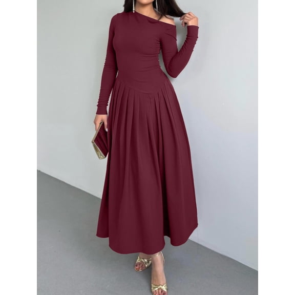 Women's Fall Long Sleeve Wedding Guest Dresses 2025 One Shoulder Elegant Formal Pleated Midi Maxi Dress
