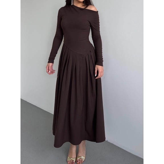 Women's Fall Long Sleeve Wedding Guest Dresses 2025 One Shoulder Elegant Formal Pleated Midi Maxi Dress