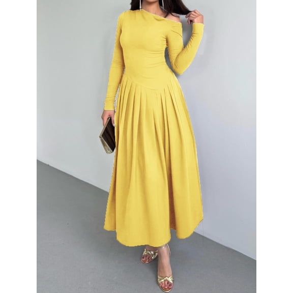 Women's Fall Long Sleeve Wedding Guest Dresses 2025 One Shoulder Elegant Formal Pleated Midi Maxi Dress