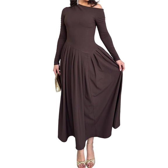 Women's Fall Long Sleeve Wedding Guest Dresses One Shoulder Elegant Formal Pleated Midi Maxi Dress Brown M