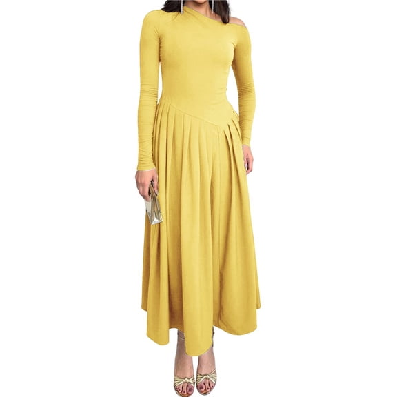 Women's Fall Long Sleeve Wedding Guest Dresses One Shoulder Elegant Formal Pleated Midi Maxi Dress Yellow L