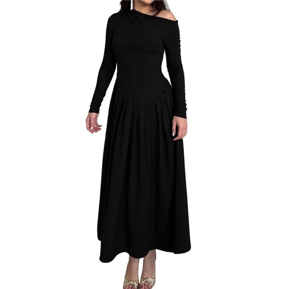 Women's Fall Long Sleeve Wedding Guest Dresses One Shoulder Elegant Formal Pleated Midi Maxi Dress