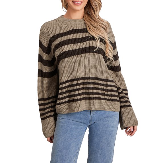 Women's Fall Loose Knit Tops Stripe Print O-Neck Long Sleeve Spring Basic Sweaters Knitwear