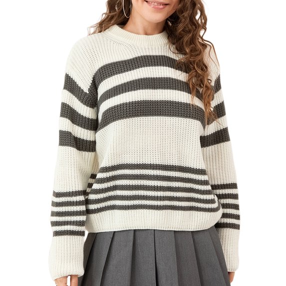 Women's Fall Loose Knit Tops Stripe Print O-Neck Long Sleeve Spring Basic Sweaters Knitwear