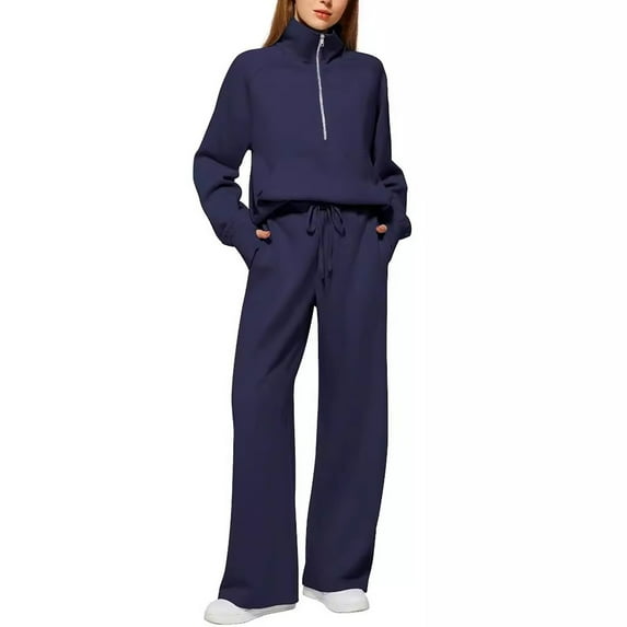 Women's Fall Matching 2-Piece Sweatset: Half-Zip Neck Sweatshirt & Wide Leg Sweatpants, Casual Sweatsuit