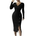 thumbnail image 1 of Women's Fall Midi Dress Casual V Neck Long Sleeve Slim Fit Ribbed Knit Dresses Sexy Fashion Cocktail Party Outfits S-XL, 1 of 5