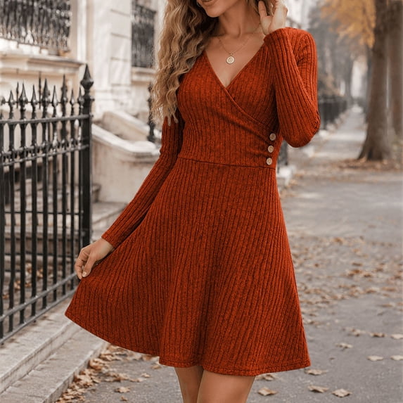 Women's Fall Midi Dress Knitted V-Neck Long Sleeve Ladies Fall Dress Orange XL