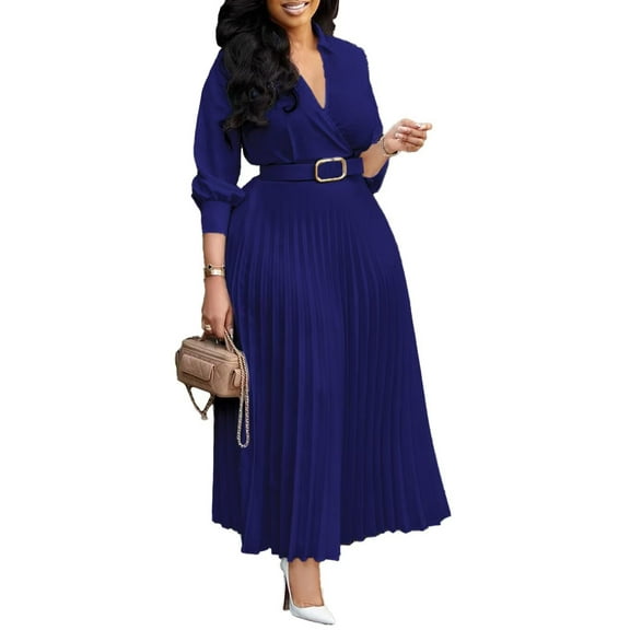 Women's Fall Midi Dress Long Puff Sleeve Flowy Ruffle Pleated Casual Dresses