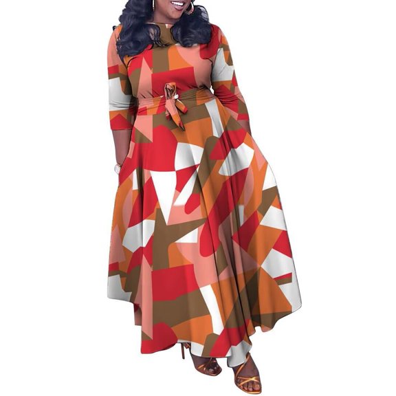 Women's Fall Midi Dress Long Sleeve Casual Crew Neck Smocked Long Dress