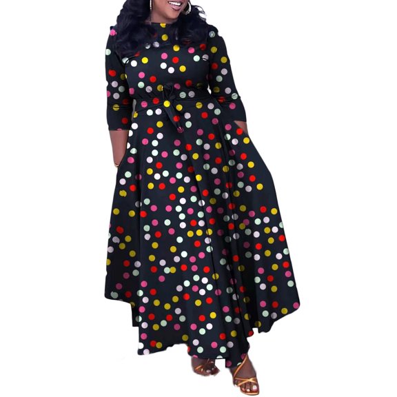 Women's Fall Midi Dress Long Sleeve Casual Crew Neck Smocked Long Dress