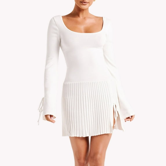 Women's Fall Mini Dress Long Sleeve Scoop Neck Solid Color Knit Dress Short Pleated Dress