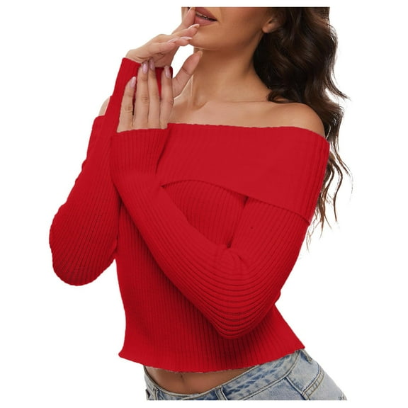 Women's Fall Off Shoulder Sweater Long Sleeve Ribbed Knit Fitted Pullover Top Blouse Casual Comfortable Stylish Winter Fashion