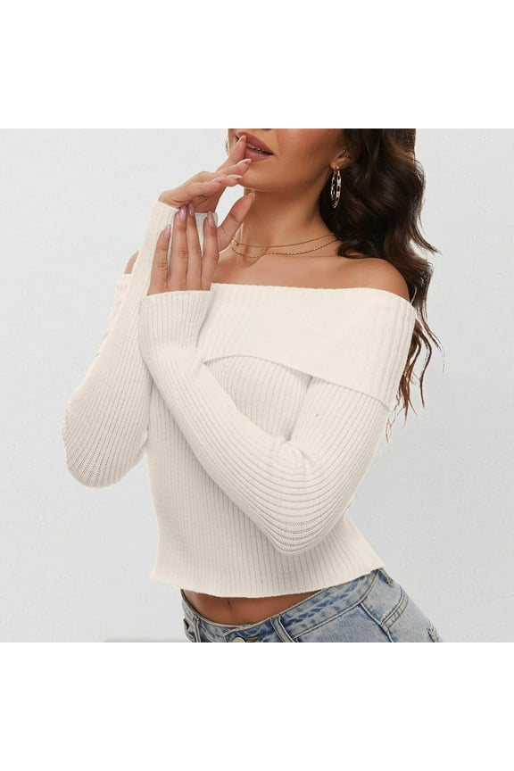 Women's Fall Off Shoulder Sweaters Long Sleeve Ribbed Knit Fitted Pullover Tops Blouse