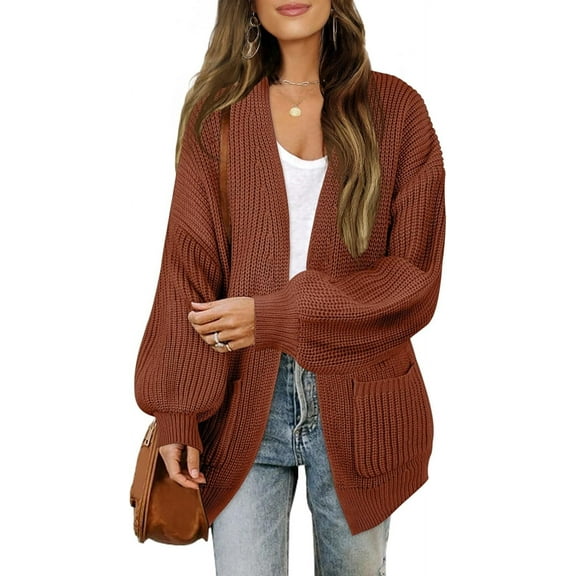 Women's Fall Open Front Long Lantern Sleeve Cardigan Oversized Chunky Outwear with Pocket