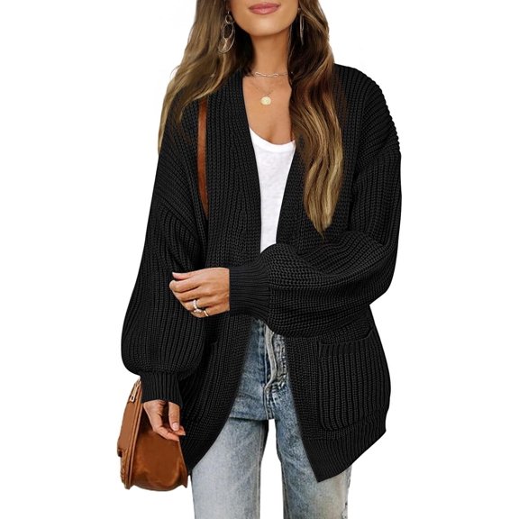 Women's Fall Open Front Long Lantern Sleeve Cardigan Oversized Chunky Outwear with Pocket