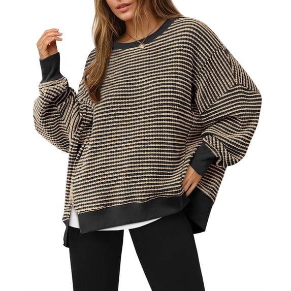 Women's Fall Oversized Sweatshirt Casual Waffle Knit Long Sleeve Crewneck Split Pullover Tunic Tops Camel M