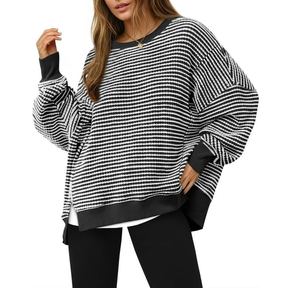 Women's Fall Oversized Sweatshirt Casual Waffle Knit Long Sleeve Crewneck Split Pullover Tunic Tops