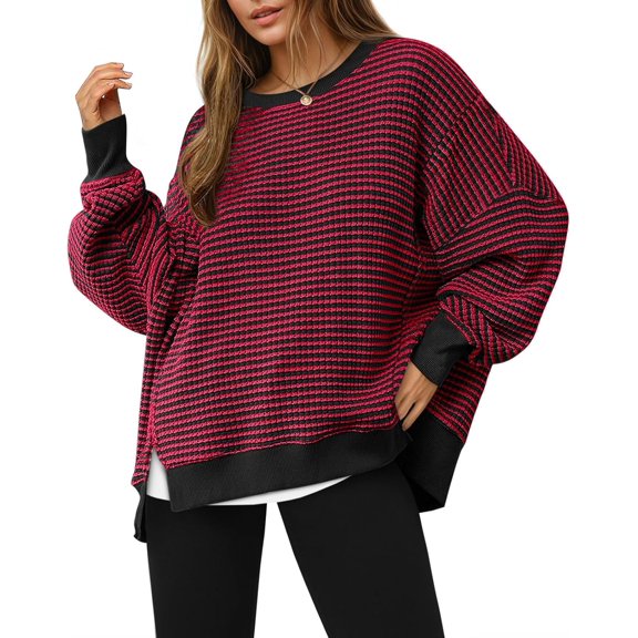 Women's Fall Oversized Sweatshirt Casual Waffle Knit Long Sleeve Crewneck Split Pullover Tunic Tops