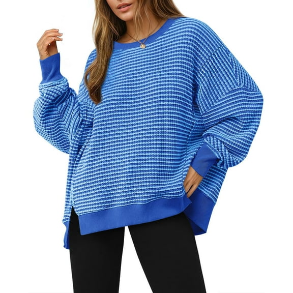 Women's Fall Oversized Sweatshirt Casual Waffle Knit Long Sleeve Crewneck Split Pullover Tunic Tops