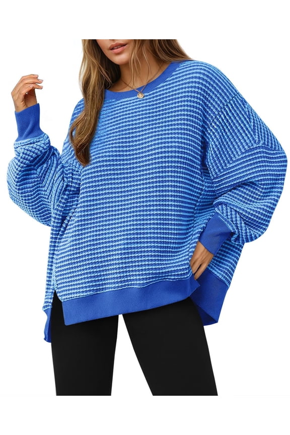 Women's Fall Oversized Sweatshirt Casual Waffle Knit Long Sleeve Crewneck Split Pullover Tunic Tops