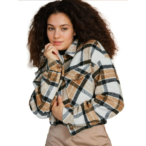 Women's Fall Plaid Cropped Shacket Jacket Button Down Long Sleeve