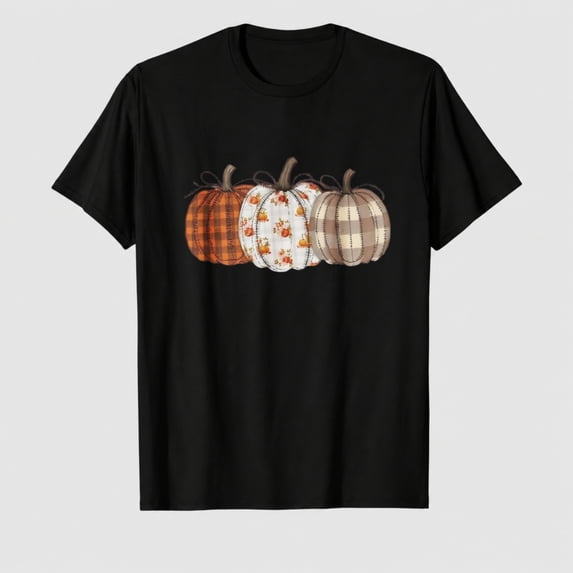 Women's Fall Plaid Pumpkin Trio Graphic T-Shirt, Autumn 100% Cotton Short Sleeve Shirt