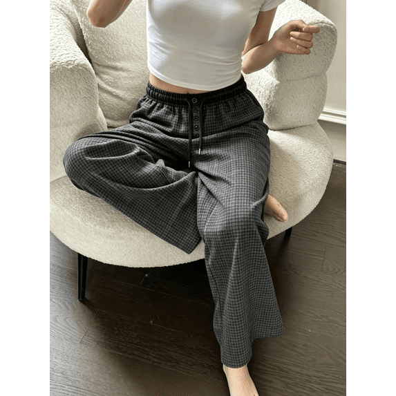 Women's Fall Plaid Wide Leg Pants, Elastic Drawstring High Waist Casual Trousers with Button Decor, Loose Fit Soft Comfort Lounge Pants with Side Pockets for Daily Wear