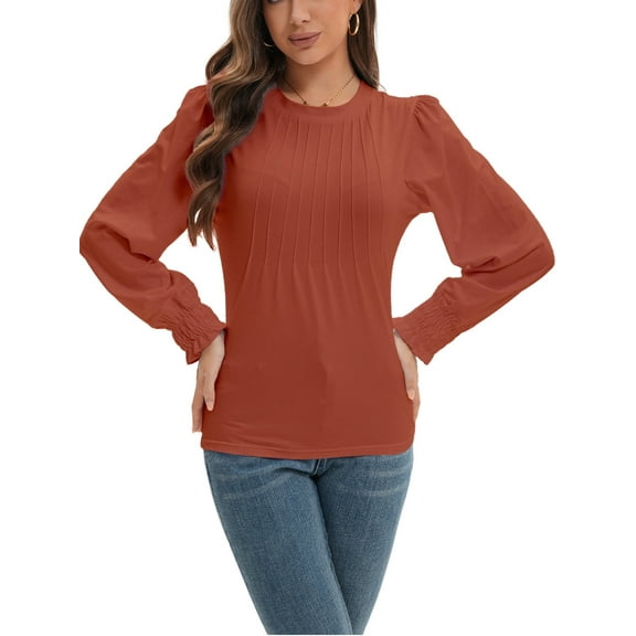 Women's Fall Puff Long Sleeve Tunic Tops Pleated Crew Neck Shirts Blouses Casual Loose T-Shirts