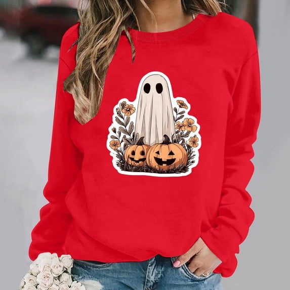 Women's Fall Pullover Sweatshirt Vintage Floral Ghost Pumpkin Graphic Tops Long Sleeve Crewneck Cozy Casual Halloween Party Shirts Slouchy Activewear